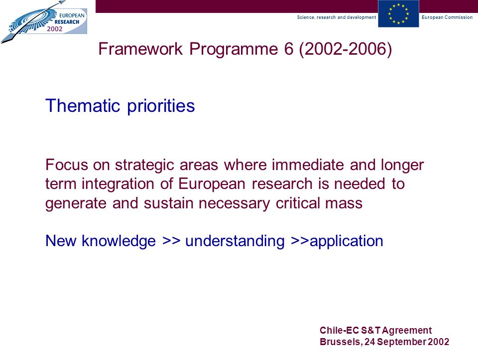Science, research and developmentEuropean Commission Chile-EC S&T Agreement Brussels, 24 September 2002 Framework Programme 6 ( ) Thematic priorities Focus on strategic areas where immediate and longer term integration of European research is needed to generate and sustain necessary critical mass New knowledge >> understanding >>application
