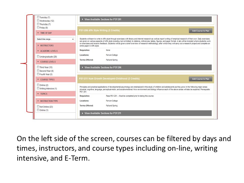 On the left side of the screen, courses can be filtered by days and times, instructors, and course types including on-line, writing intensive, and E-Term.