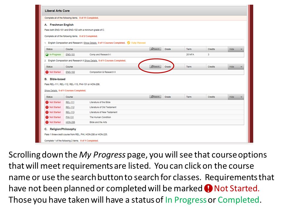 Scrolling down the My Progress page, you will see that course options that will meet requirements are listed.
