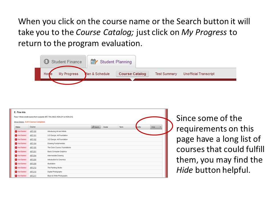 Since some of the requirements on this page have a long list of courses that could fulfill them, you may find the Hide button helpful.