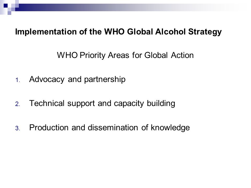 Implementation of the WHO Global Alcohol Strategy WHO Priority Areas for Global Action 1.