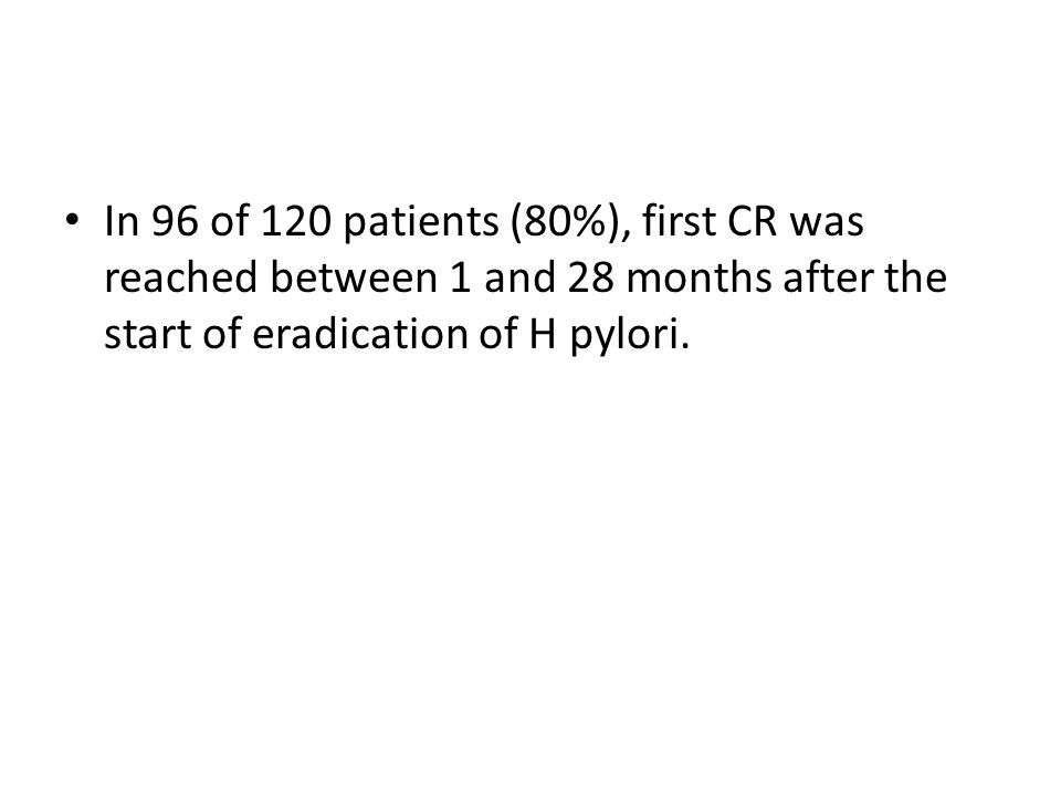 In 96 of 120 patients (80%), first CR was reached between 1 and 28 months after the start of eradication of H pylori.