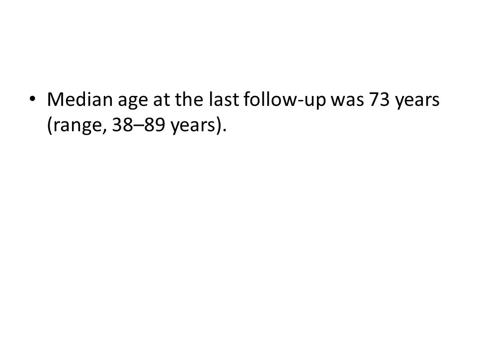 Median age at the last follow-up was 73 years (range, 38–89 years).