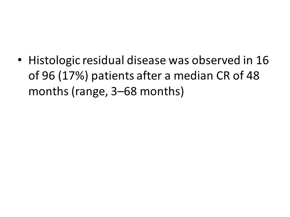 Histologic residual disease was observed in 16 of 96 (17%) patients after a median CR of 48 months (range, 3–68 months)