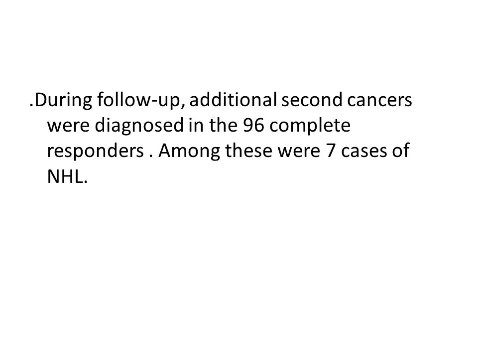 .During follow-up, additional second cancers were diagnosed in the 96 complete responders.