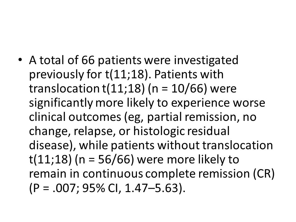A total of 66 patients were investigated previously for t(11;18).