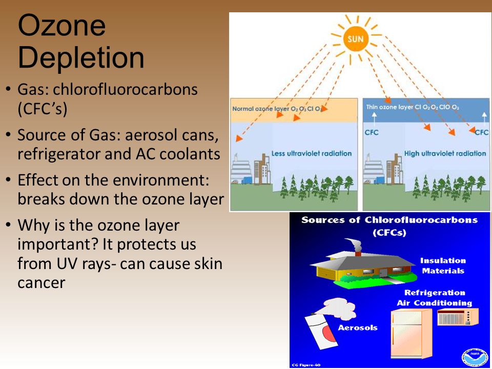 Ozone Depletion Gas: chlorofluorocarbons (CFC’s) Source of Gas: aerosol cans, refrigerator and AC coolants Effect on the environment: breaks down the ozone layer Why is the ozone layer important.