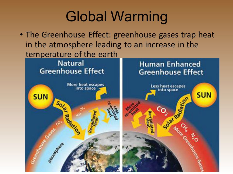 Global Warming The Greenhouse Effect: greenhouse gases trap heat in the atmosphere leading to an increase in the temperature of the earth