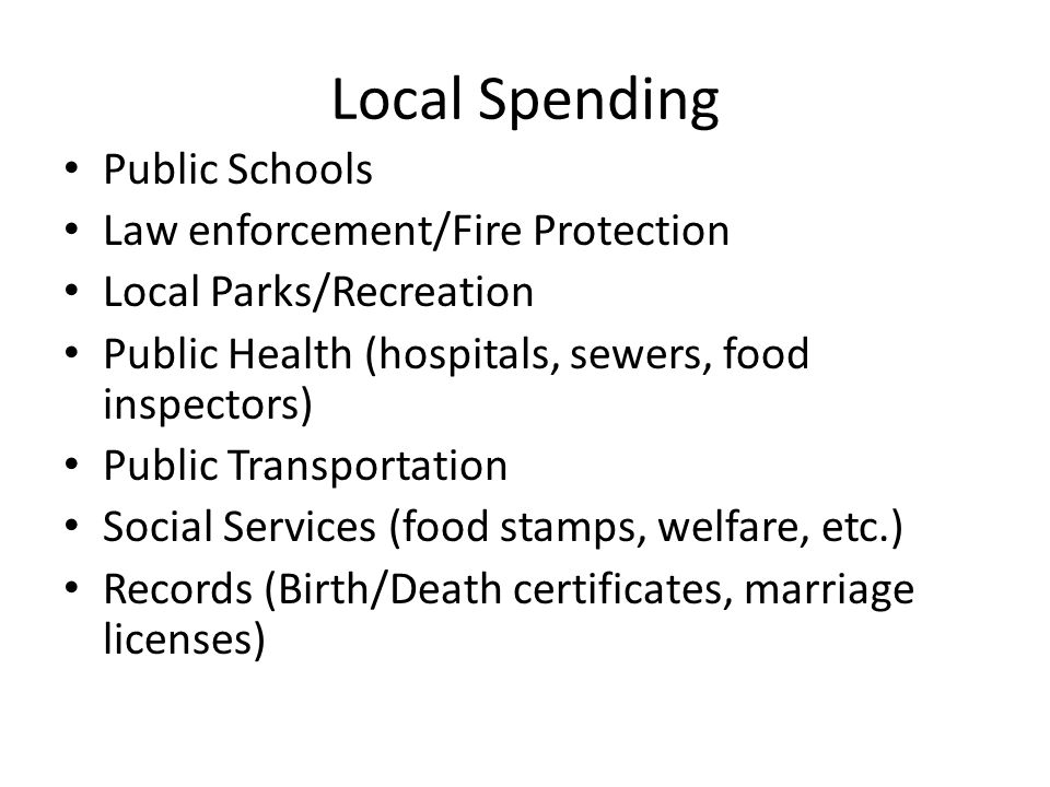 Local Spending Public Schools Law enforcement/Fire Protection Local Parks/Recreation Public Health (hospitals, sewers, food inspectors) Public Transportation Social Services (food stamps, welfare, etc.) Records (Birth/Death certificates, marriage licenses)