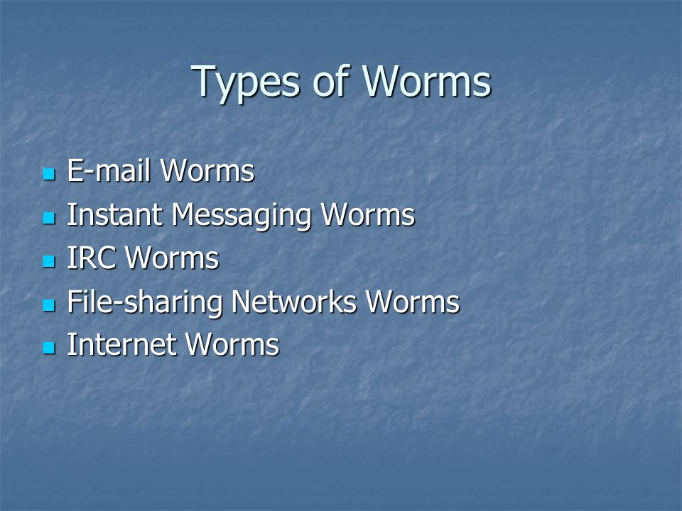 Types of Worms  Worms  Worms Instant Messaging Worms Instant Messaging Worms IRC Worms IRC Worms File-sharing Networks Worms File-sharing Networks Worms Internet Worms Internet Worms