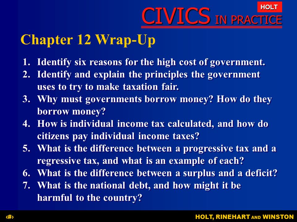 CIVICS IN PRACTICE HOLT HOLT, RINEHART AND WINSTON22 Chapter 12 Wrap-Up 1.Identify six reasons for the high cost of government.