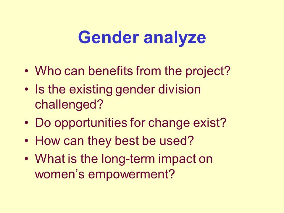 Gender analyze Who can benefits from the project. Is the existing gender division challenged.