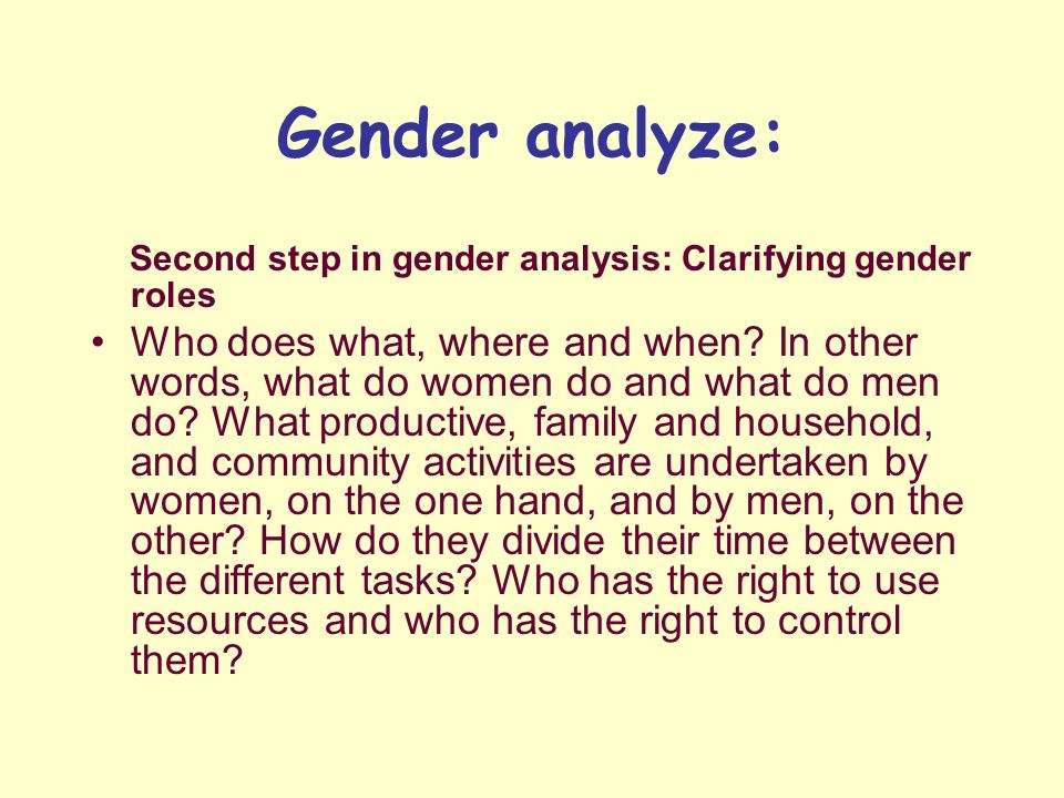 Second step in gender analysis: Clarifying gender roles Who does what, where and when.