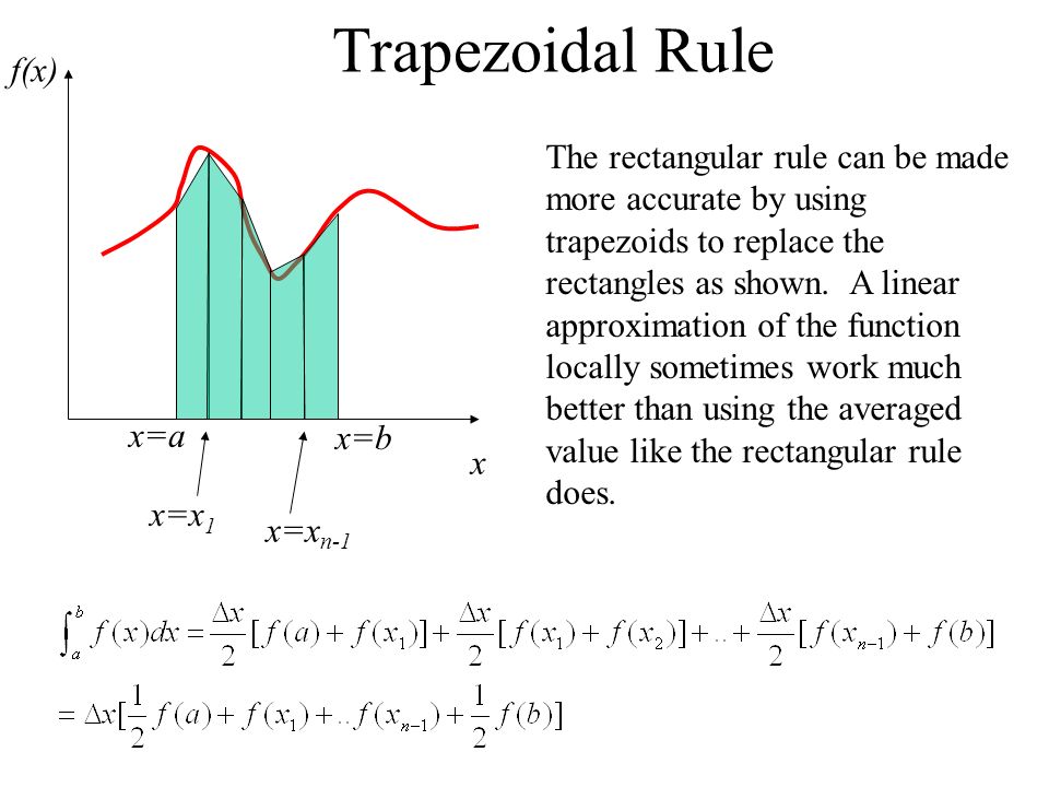 Trapezoidal Rule x=a x=b x=x 1 x=x n-1 f(x) x The rectangular rule can be made more accurate by using trapezoids to replace the rectangles as shown.