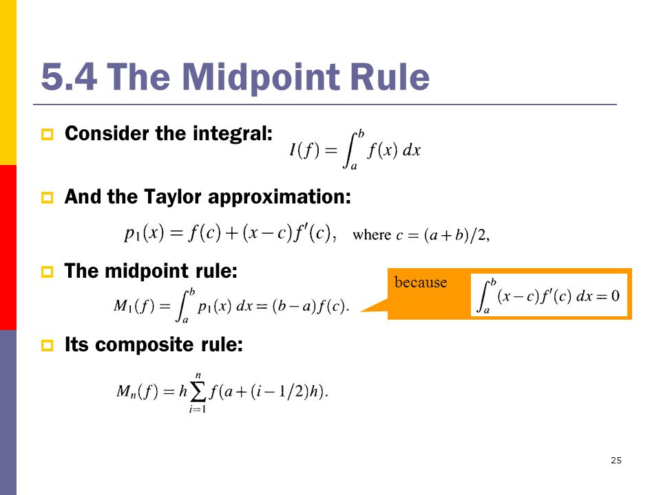 The Midpoint Rule  Consider the integral:  And the Taylor approximation:  The midpoint rule:  Its composite rule: because