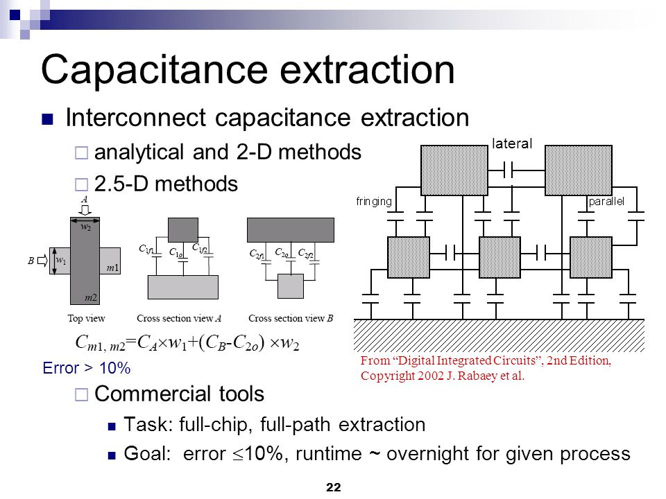 22 Interconnect capacitance extraction  analytical and 2-D methods  2.5-D methods  Commercial tools Task: full-chip, full-path extraction Goal: error  10%, runtime ~ overnight for given process Capacitance extraction lateral From Digital Integrated Circuits , 2nd Edition, Copyright 2002 J.