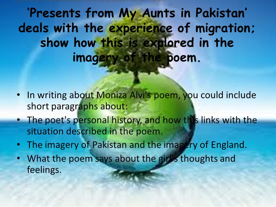 ‘Presents from My Aunts in Pakistan’ deals with the experience of migration; show how this is explored in the imagery of the poem.
