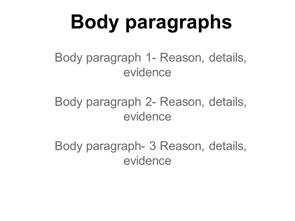 Body paragraphs Body paragraph 1- Reason, details, evidence Body paragraph 2- Reason, details, evidence Body paragraph- 3 Reason, details, evidence