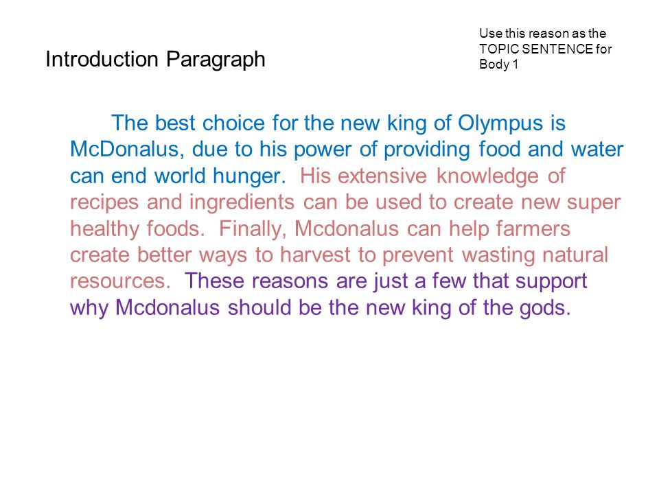 Introduction Paragraph The best choice for the new king of Olympus is McDonalus, due to his power of providing food and water can end world hunger.