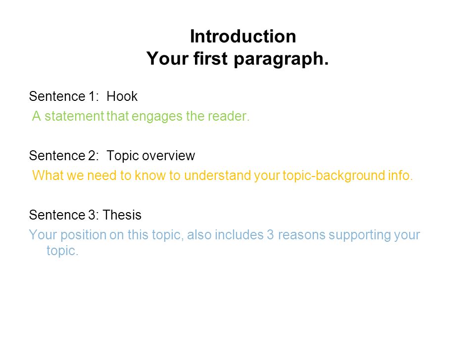 Introduction Your first paragraph. Sentence 1: Hook A statement that engages the reader.