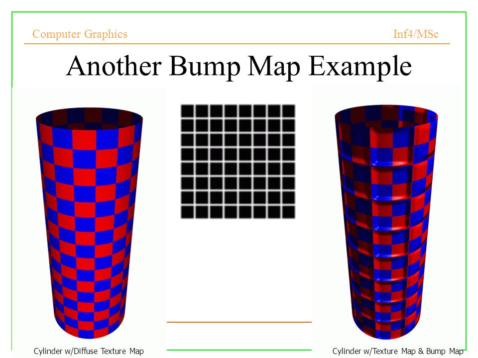 Computer Graphics Inf4/MSc Another Bump Map Example Cylinder w/Diffuse Texture Map Bump Map Cylinder w/Texture Map & Bump Map