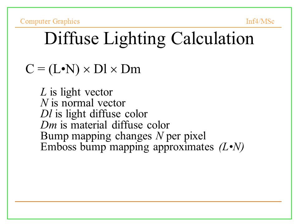 Computer Graphics Inf4/MSc Diffuse Lighting Calculation C = (LN)  Dl  Dm L is light vector N is normal vector Dl is light diffuse color Dm is material diffuse color Bump mapping changes N per pixel Emboss bump mapping approximates (LN)