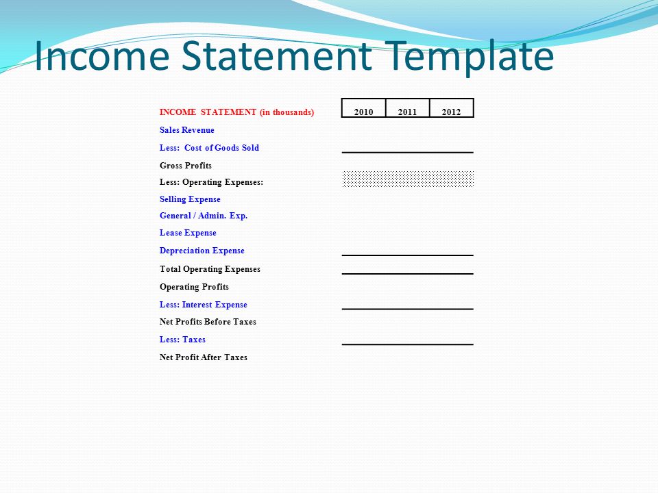 Income Statement Template INCOME STATEMENT (in thousands) Sales Revenue Less: Cost of Goods Sold Gross Profits Less: Operating Expenses: Selling Expense General / Admin.