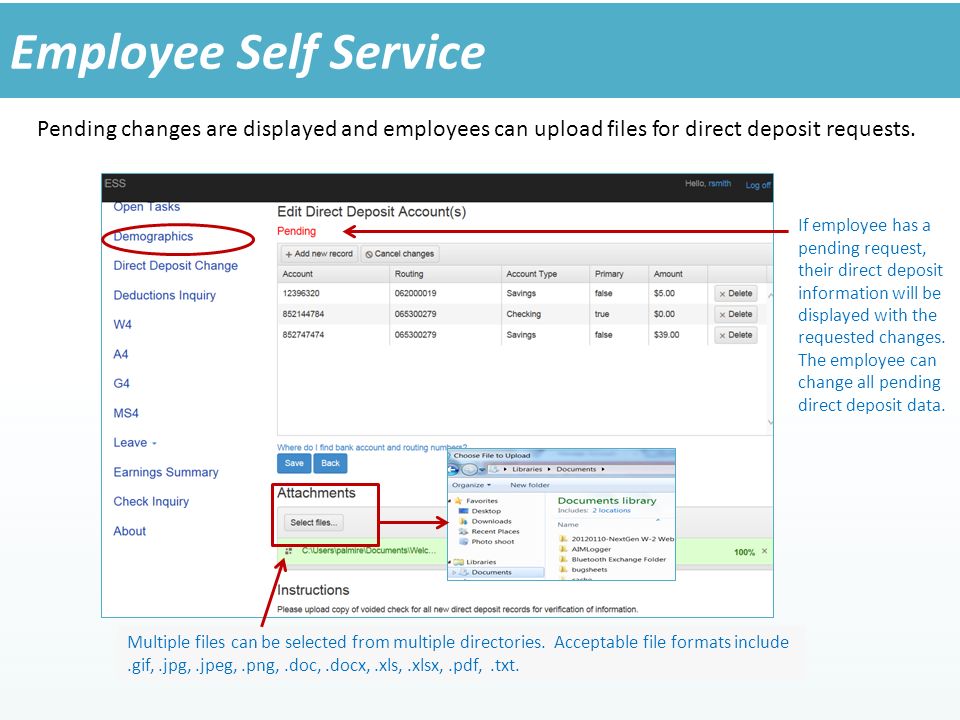 Pending changes are displayed and employees can upload files for direct deposit requests.