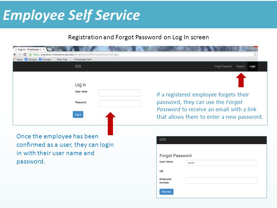 Registration and Forgot Password on Log In screen Employee Self Service If a registered employee forgets their password, they can use the Forgot Password to receive an  with a link that allows them to enter a new password.