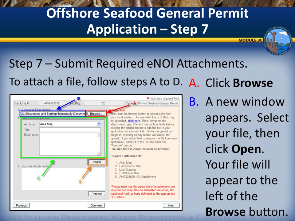 Offshore Seafood General Permit Application – Step 7 A.Click Browse B.A new window appears.