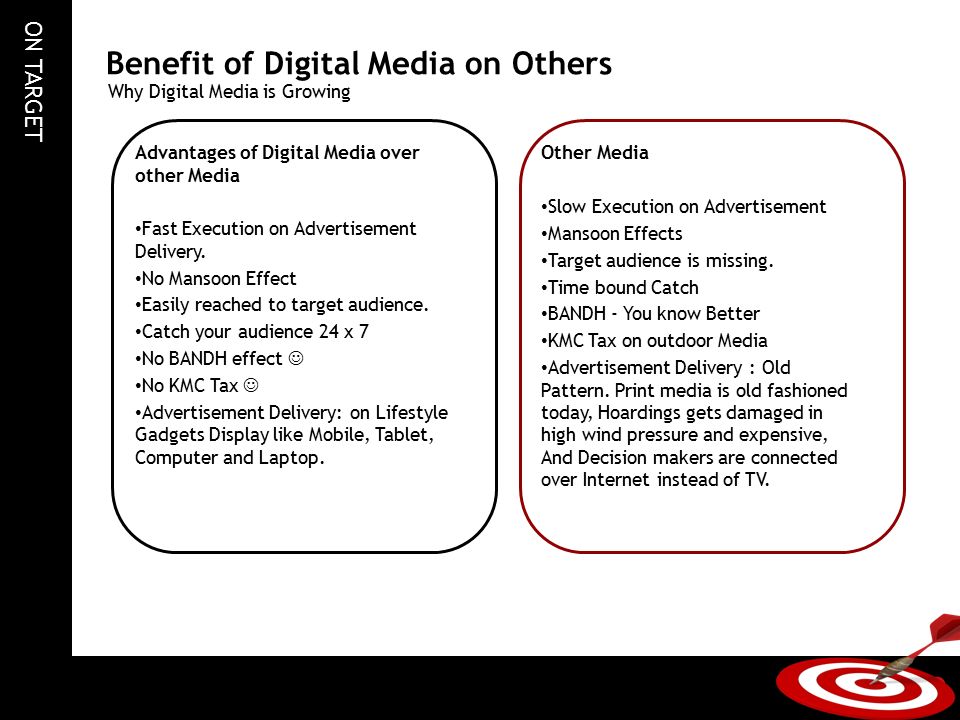 ON TARGET Advantages of Digital Media over other Media Fast Execution on Advertisement Delivery.