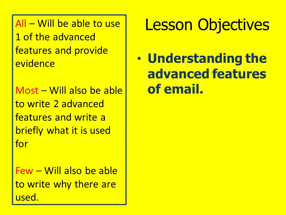 Lesson Objectives Understanding the advanced features of  .