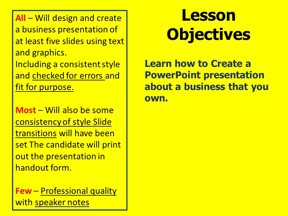 Lesson Objectives Learn how to Create a PowerPoint presentation about a business that you own.