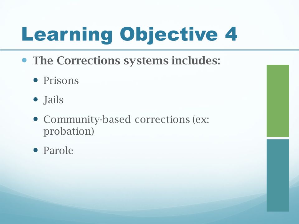 Learning Objective 4 The Corrections systems includes: Prisons Jails Community-based corrections (ex: probation) Parole