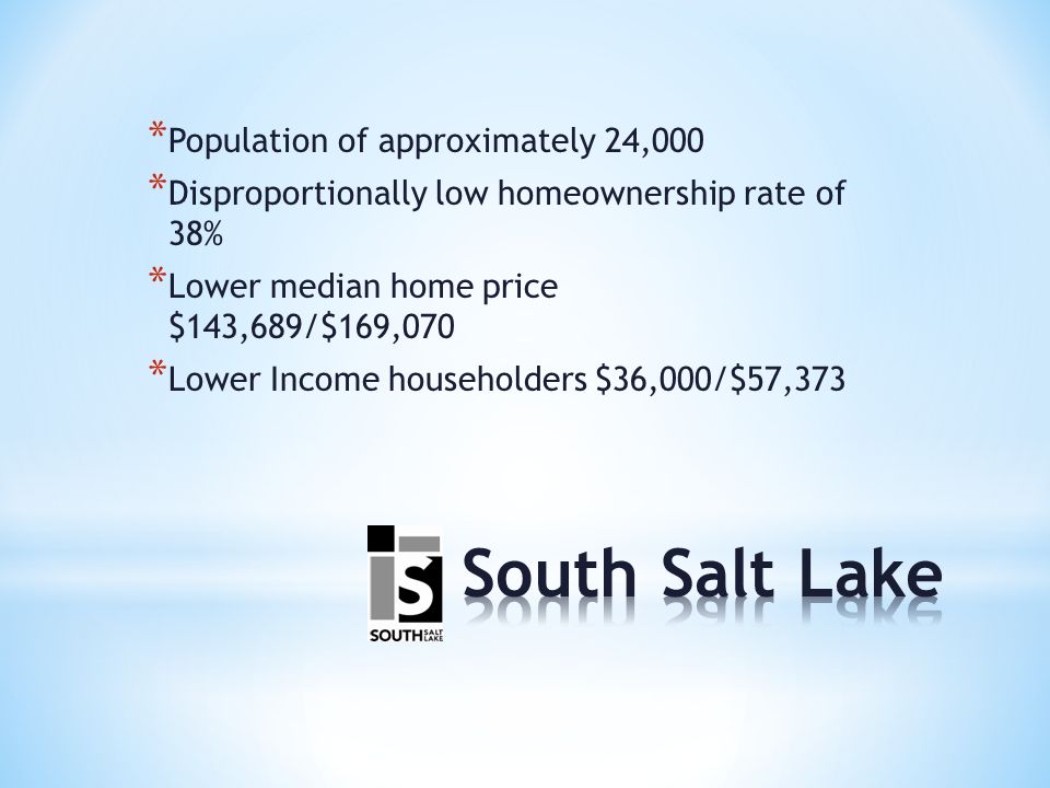 * Population of approximately 24,000 * Disproportionally low homeownership rate of 38% * Lower median home price $143,689/$169,070 * Lower Income householders $36,000/$57,373