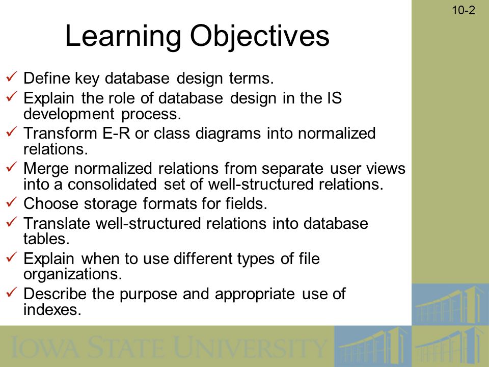 10-2 Learning Objectives Define key database design terms.