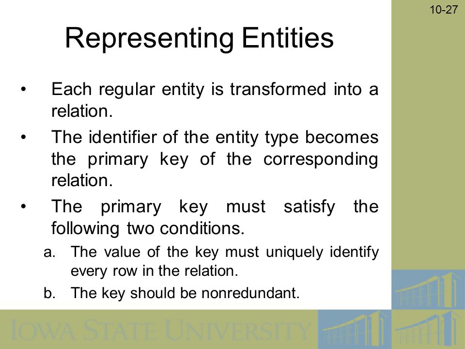 10-27 Representing Entities Each regular entity is transformed into a relation.