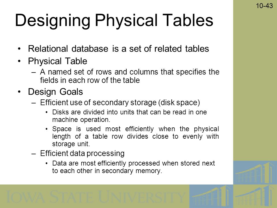 10-43 Designing Physical Tables Relational database is a set of related tables Physical Table –A named set of rows and columns that specifies the fields in each row of the table Design Goals –Efficient use of secondary storage (disk space) Disks are divided into units that can be read in one machine operation.