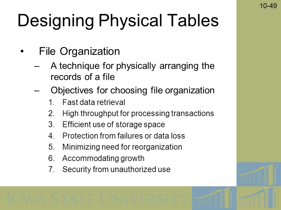10-49 Designing Physical Tables File Organization –A technique for physically arranging the records of a file –Objectives for choosing file organization 1.Fast data retrieval 2.High throughput for processing transactions 3.Efficient use of storage space 4.Protection from failures or data loss 5.Minimizing need for reorganization 6.Accommodating growth 7.Security from unauthorized use
