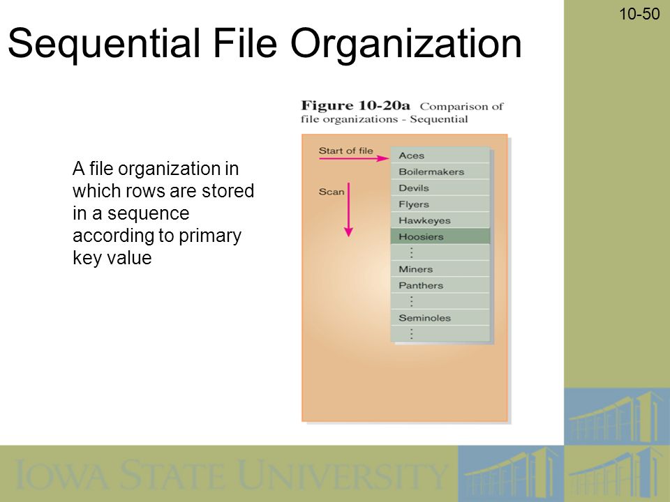 10-50 Sequential File Organization A file organization in which rows are stored in a sequence according to primary key value