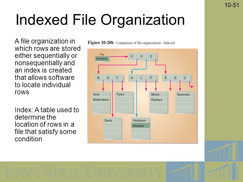 10-51 Indexed File Organization A file organization in which rows are stored either sequentially or nonsequentially and an index is created that allows software to locate individual rows Index: A table used to determine the location of rows in a file that satisfy some condition