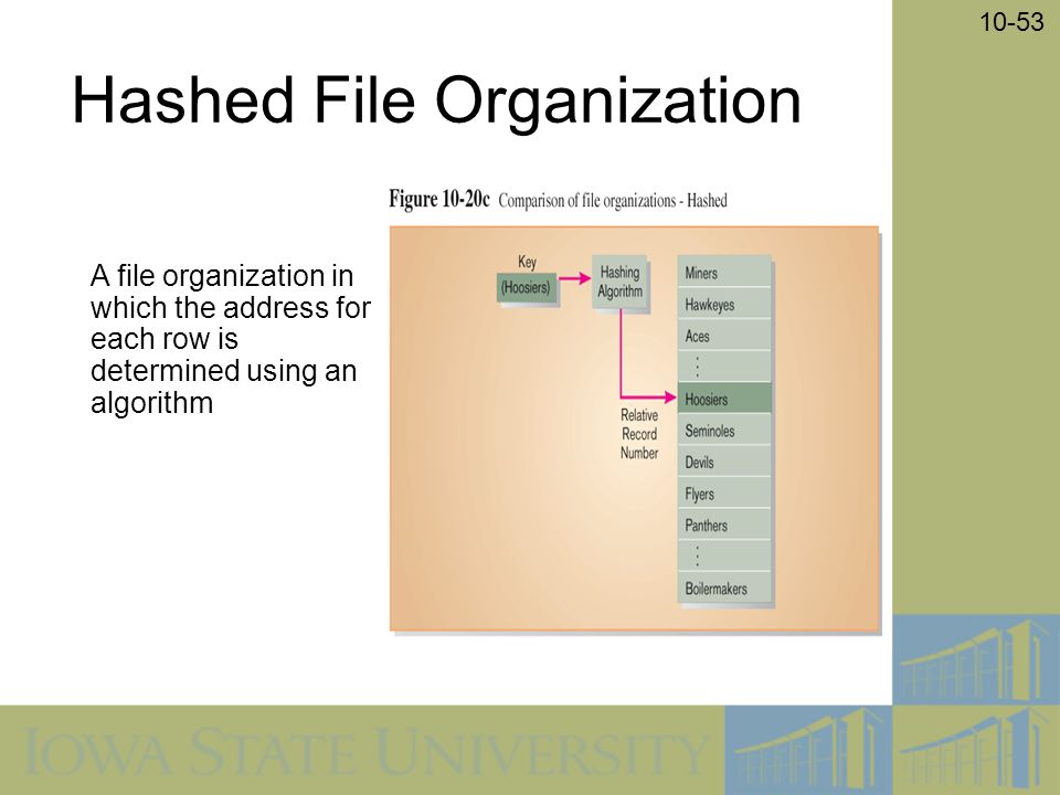 10-53 Hashed File Organization A file organization in which the address for each row is determined using an algorithm