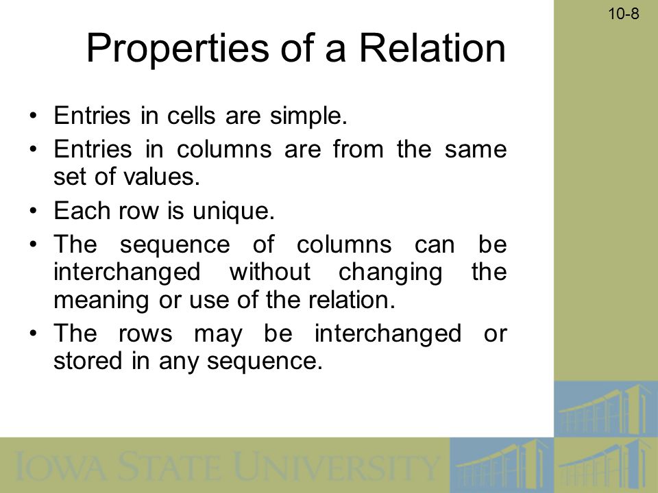 10-8 Properties of a Relation Entries in cells are simple.