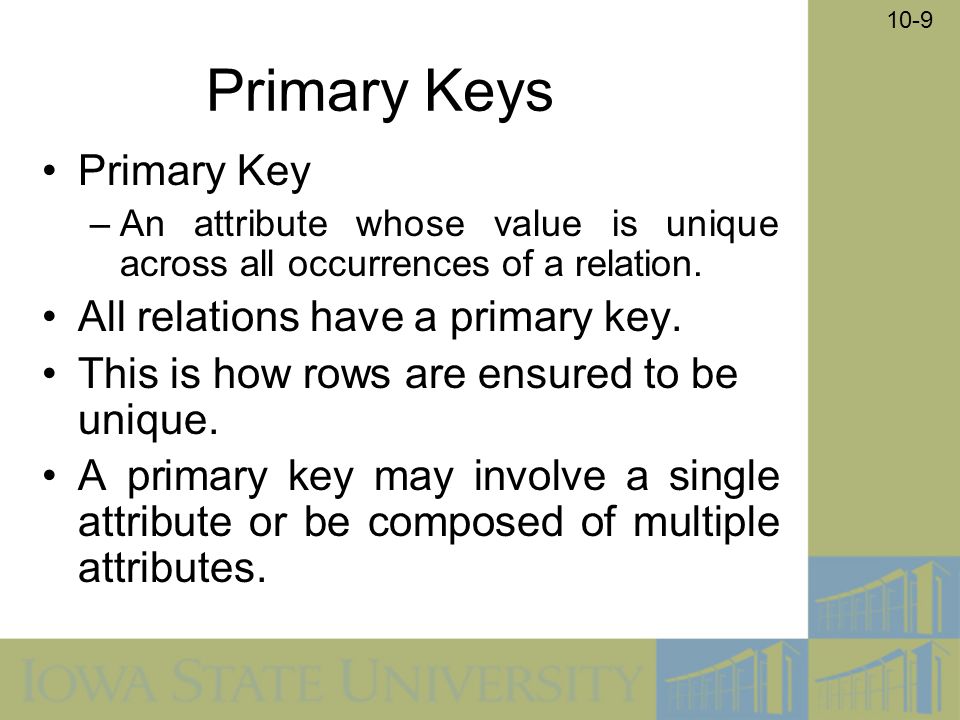 10-9 Primary Keys Primary Key –An attribute whose value is unique across all occurrences of a relation.
