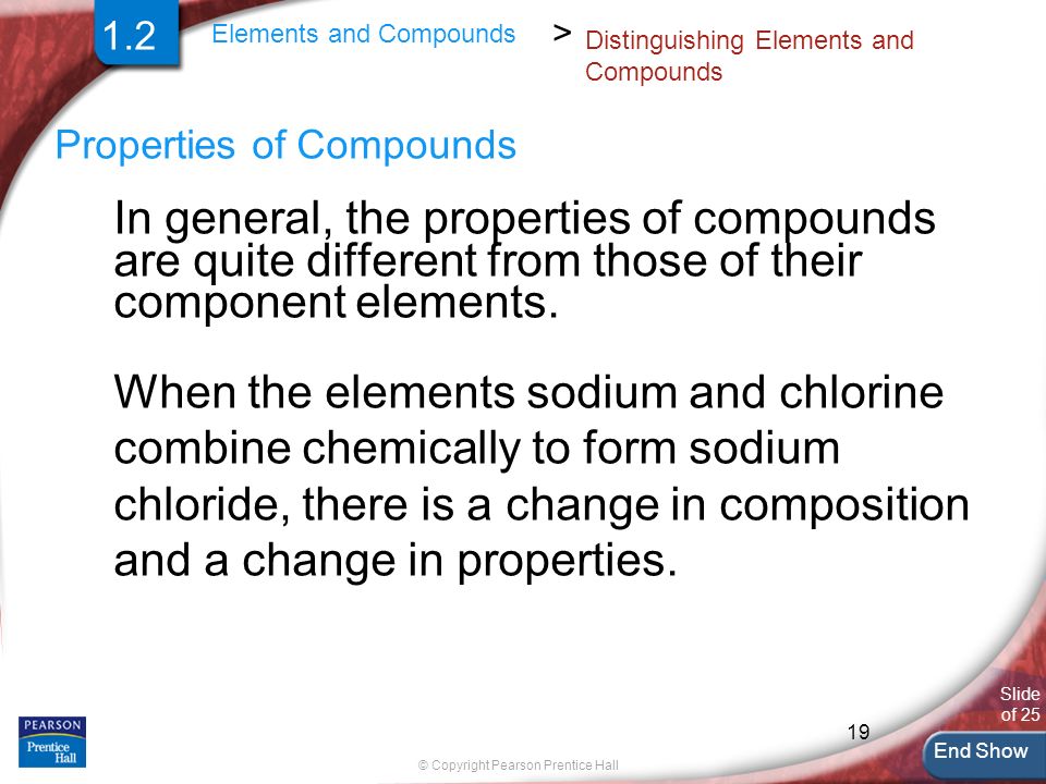 End Show Slide of 25 © Copyright Pearson Prentice Hall 19 Elements and Compounds > Distinguishing Elements and Compounds Properties of Compounds In general, the properties of compounds are quite different from those of their component elements.
