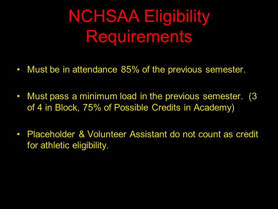 NCHSAA Eligibility Requirements Must be in attendance 85% of the previous semester.
