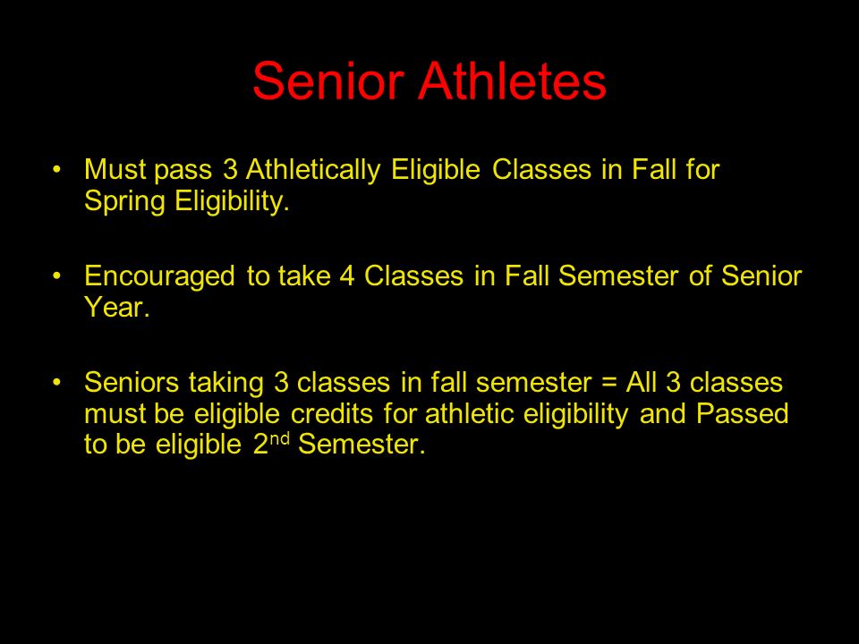 Senior Athletes Must pass 3 Athletically Eligible Classes in Fall for Spring Eligibility.