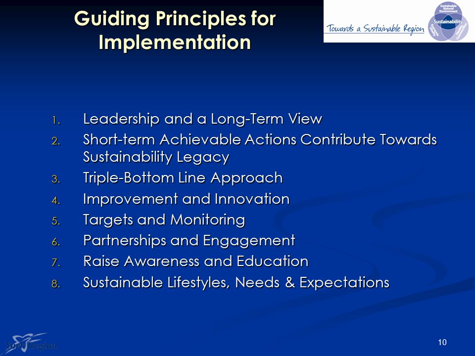 10 Guiding Principles for Implementation 1. Leadership and a Long-Term View 2.