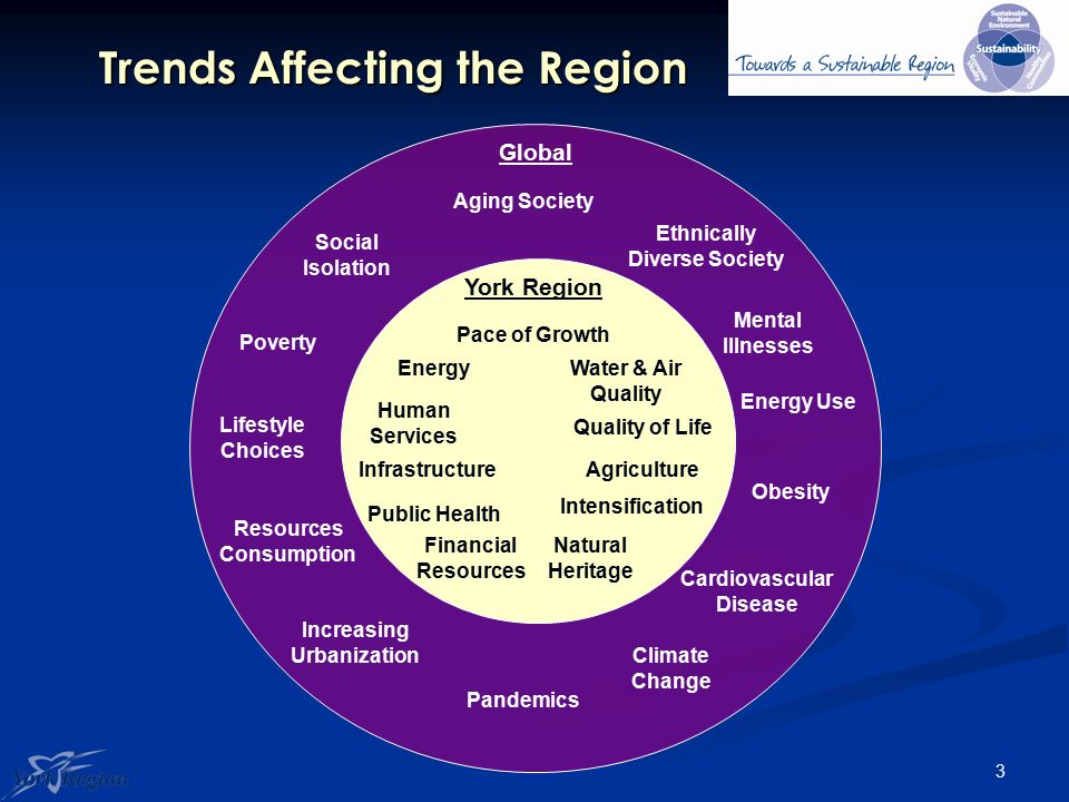 3 Trends Affecting the Region York Region Global Aging Society Ethnically Diverse Society Energy Use Obesity Cardiovascular Disease Pandemics Mental Illnesses Increasing Urbanization Resources Consumption Lifestyle Choices Poverty Social Isolation Pace of Growth Human Services Infrastructure Natural Heritage Intensification Agriculture Quality of Life Water & Air Quality Financial Resources Energy Public Health Climate Change