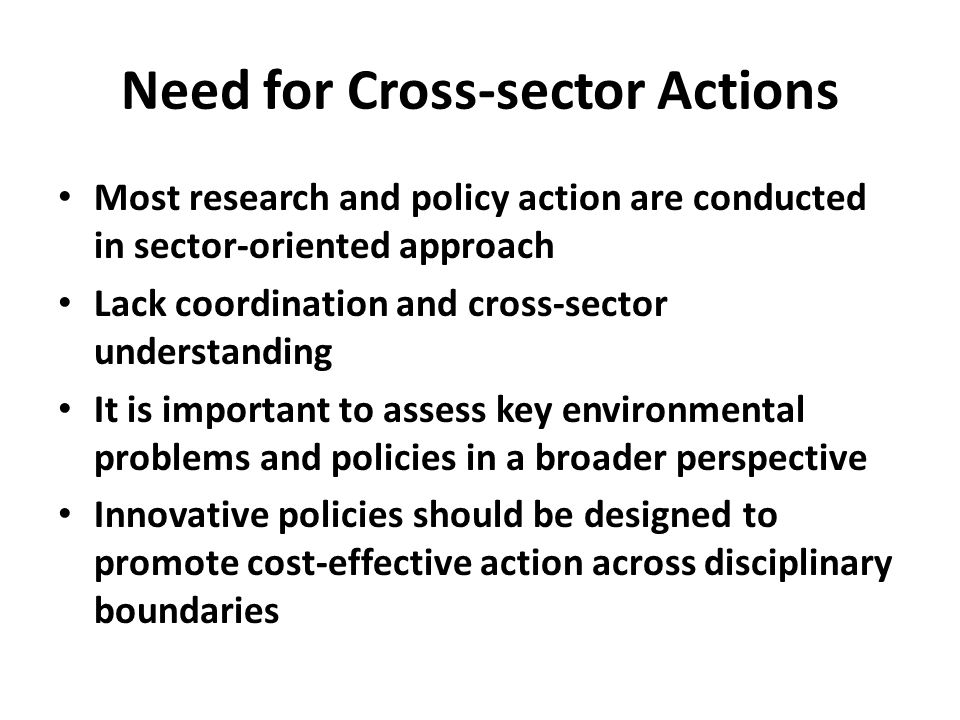 Need for Cross-sector Actions Most research and policy action are conducted in sector-oriented approach Lack coordination and cross-sector understanding It is important to assess key environmental problems and policies in a broader perspective Innovative policies should be designed to promote cost-effective action across disciplinary boundaries